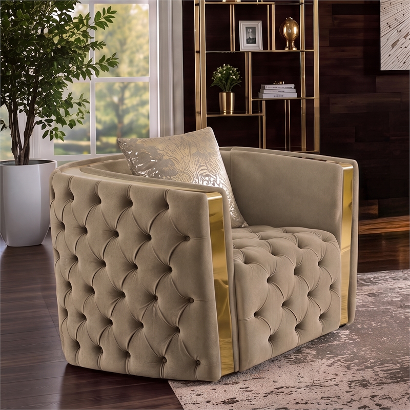 Naomi Button Tufted Chair with Velvet Fabric and Gold Accent in Taupe