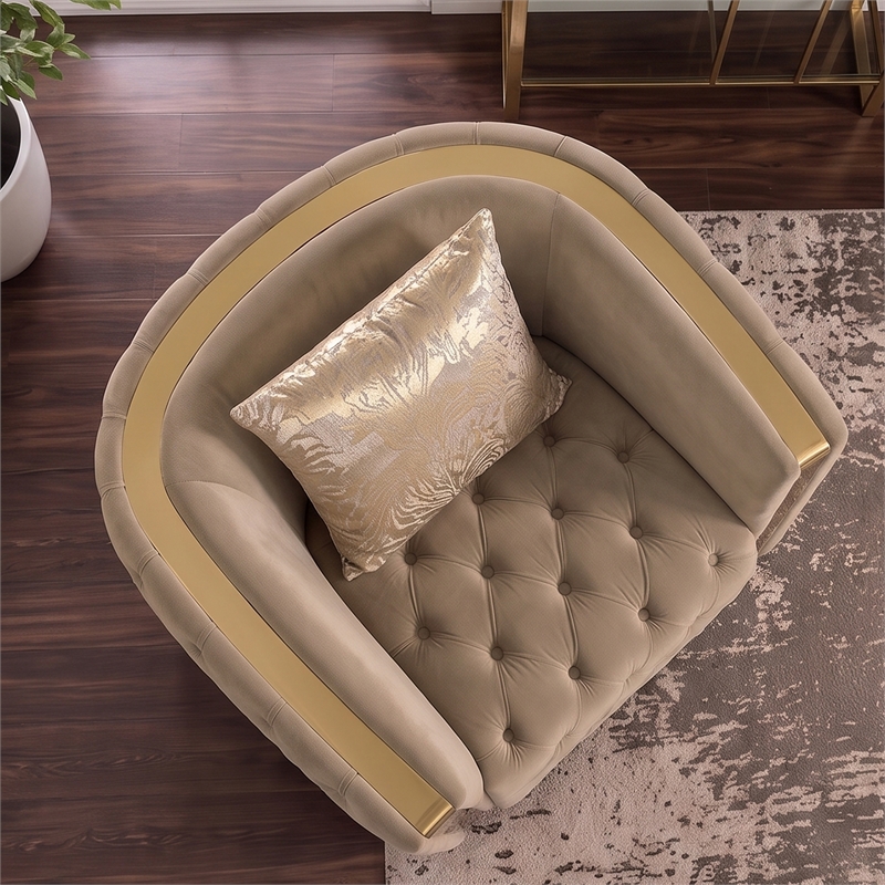 Naomi Button Tufted Chair with Velvet Fabric and Gold Accent in Taupe