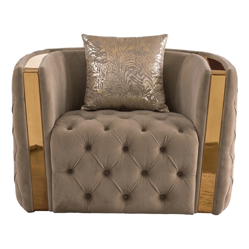 Naomi Button Tufted Chair with Velvet Fabric and Gold Accent in Taupe