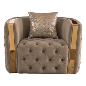 Naomi Button Tufted Chair with Velvet Fabric and Gold Accent in Taupe