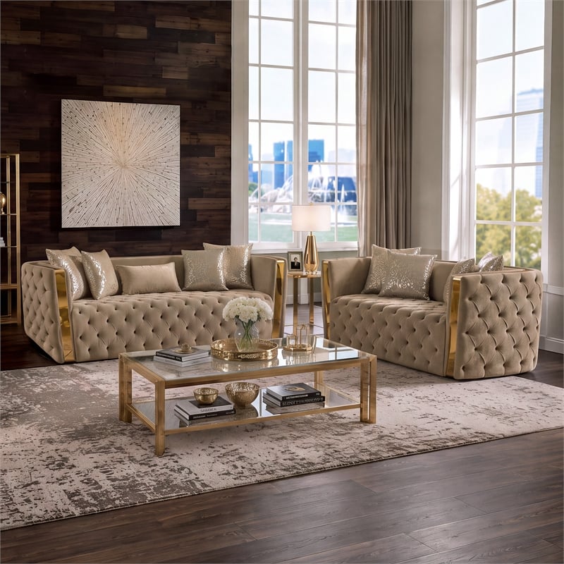 Naomi Button Tufted 2 Pc Set with Velvet Fabric and Gold Accent in Taupe