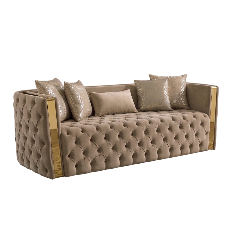 Naomi Button Tufted 2 Pc Set with Velvet Fabric and Gold Accent in Taupe