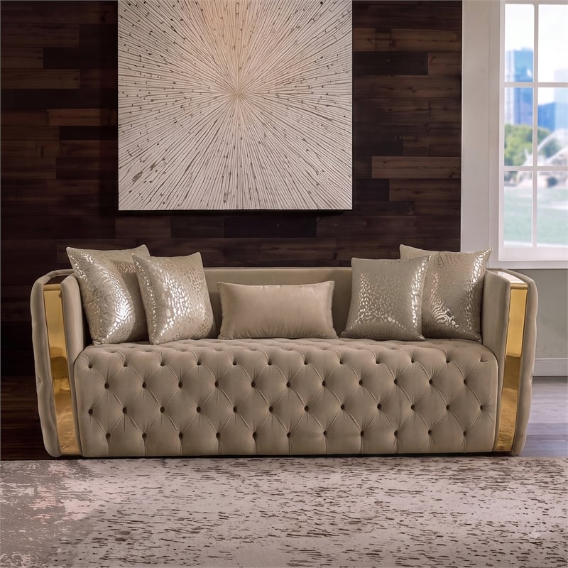 Naomi Button Tufted 2 Pc Set with Velvet Fabric and Gold Accent in Taupe