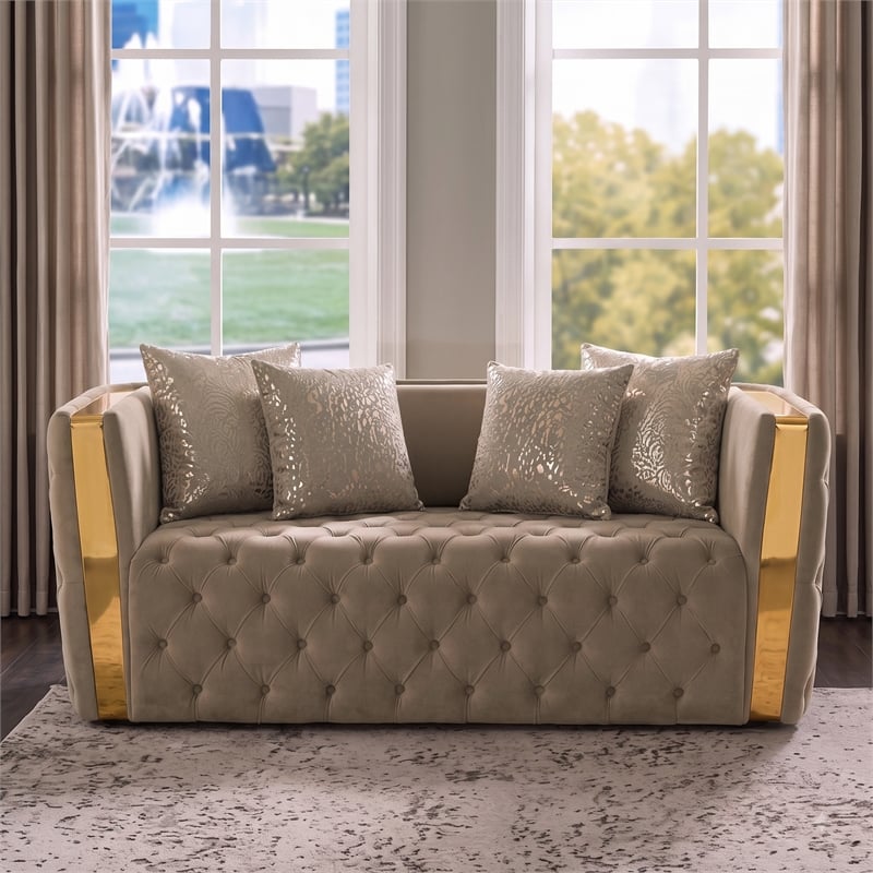 Naomi Button Tufted 2 Pc Set with Velvet Fabric and Gold Accent in Taupe