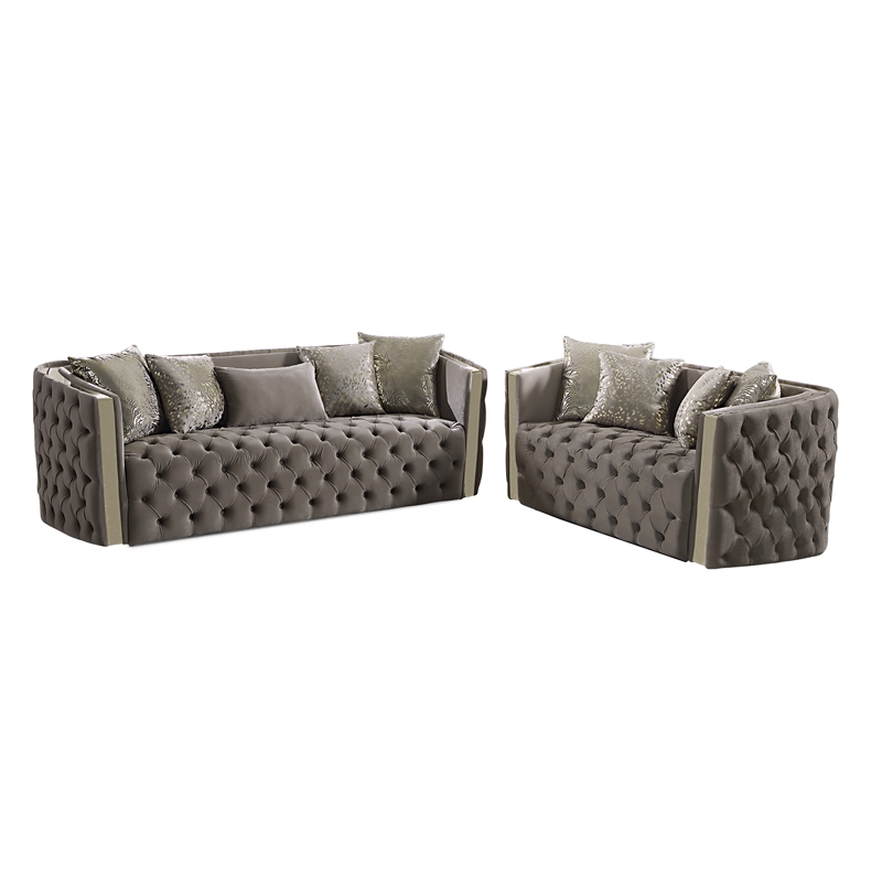 Naomi Button Tufted 2 Pc Set with Velvet Fabric and Gold Accent in Taupe