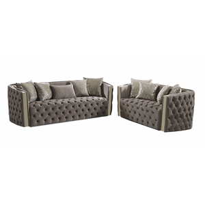 Naomi Button Tufted 2 Pc Set with Velvet Fabric and Gold Accent in Taupe