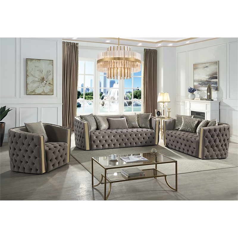 Naomi Button Tufted 3 Pc Set with Velvet Fabric and Gold Accent in Taupe
