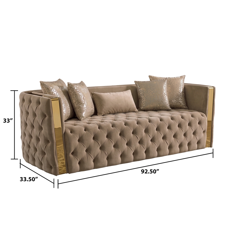Naomi Button Tufted 3 Pc Set with Velvet Fabric and Gold Accent in Taupe