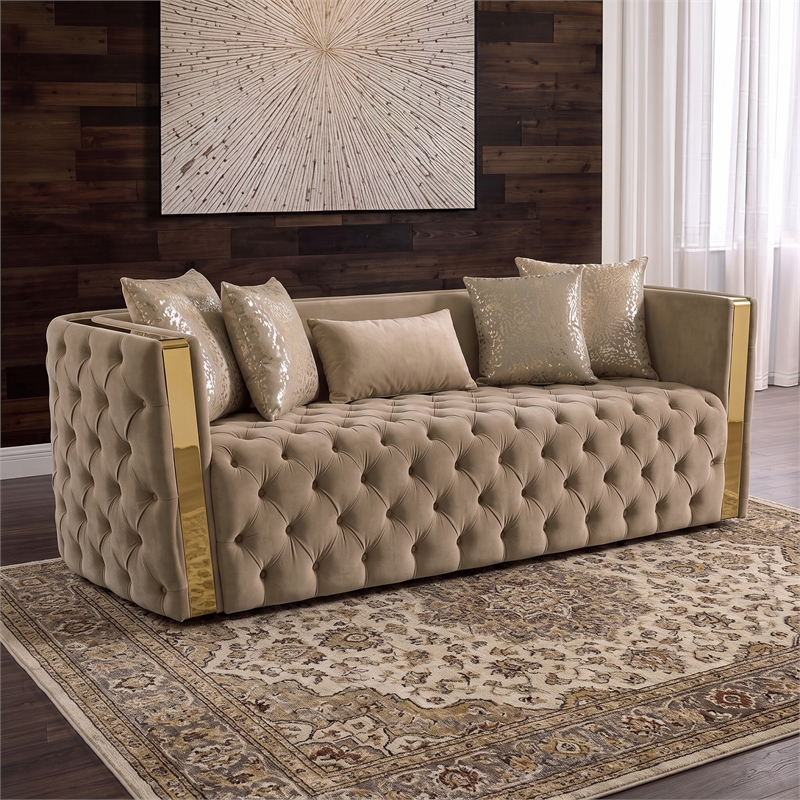 Naomi Button Tufted 3 Pc Set with Velvet Fabric and Gold Accent in Taupe