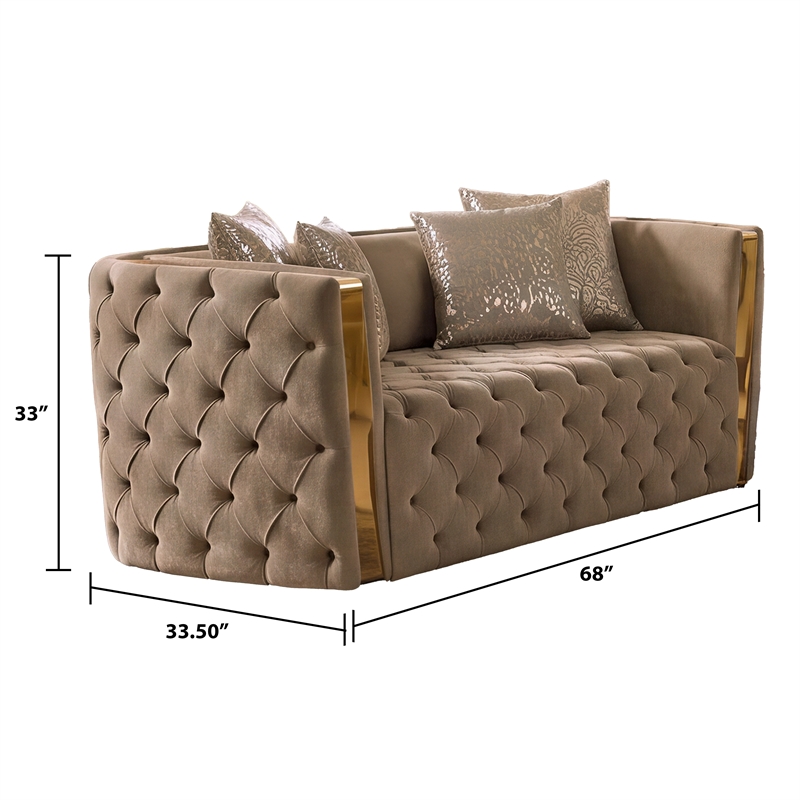 Naomi Button Tufted 3 Pc Set with Velvet Fabric and Gold Accent in Taupe