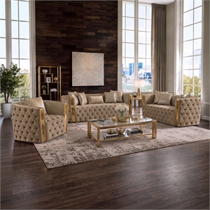 Naomi Button Tufted 3 Pc Set with Velvet Fabric and Gold Accent in Taupe