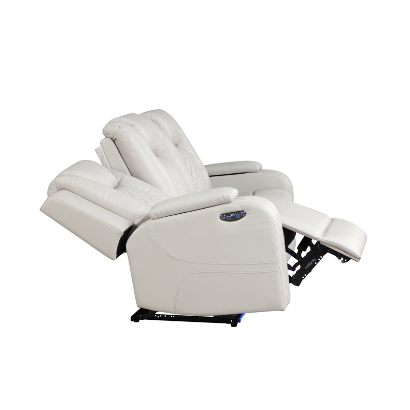 Benz LED & Power Reclining Sofa Made With Faux Leather in Ice/ White