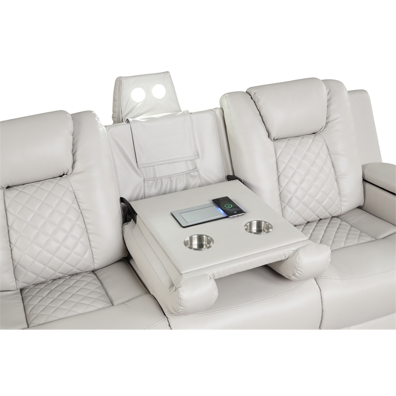 Benz LED & Power Reclining Sofa Made With Faux Leather in Ice/ White