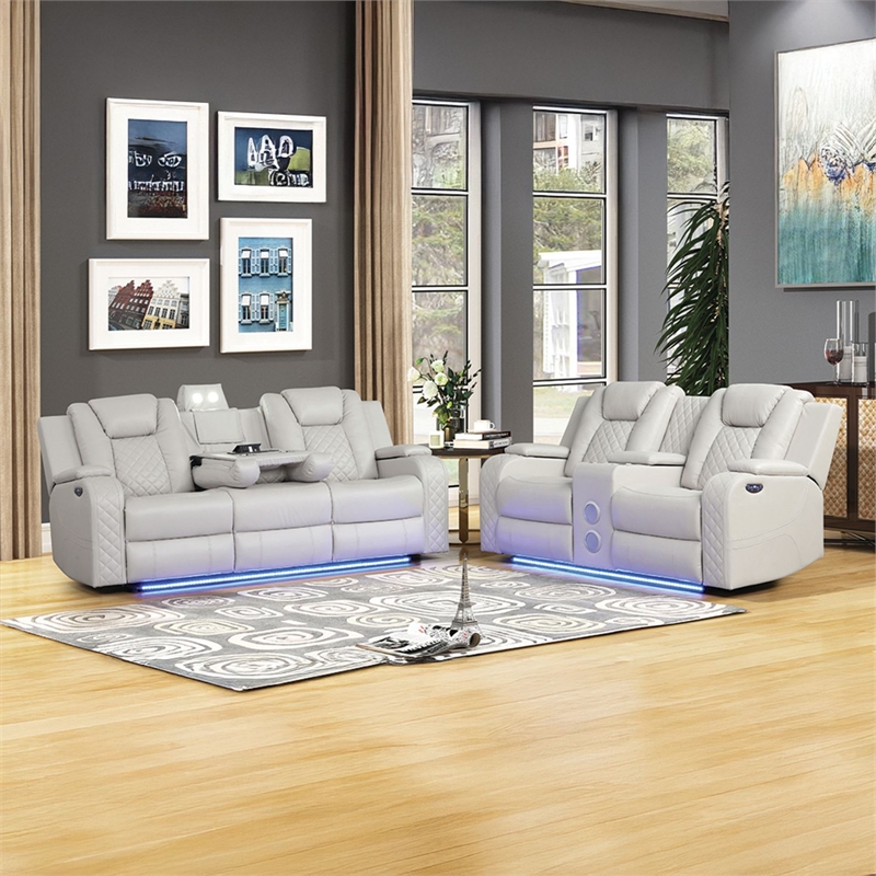 Benz LED & Power Reclining 2 Pc Set Made With Faux Leather in Ice/ White
