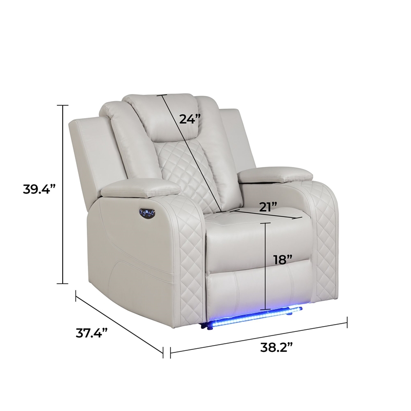 Benz LED & Power Recliner Chair Made With Faux Leather in Ice/ White