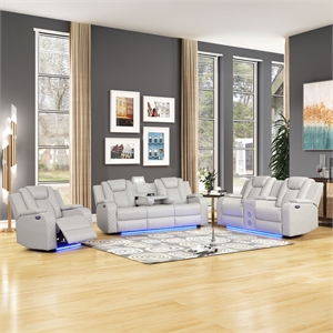 Benz LED & Power Reclining 3 Pc Set Made With Faux Leather in Ice/ White