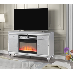 Sterling Solid Wood TV Stand With Electric Fireplace in Silver