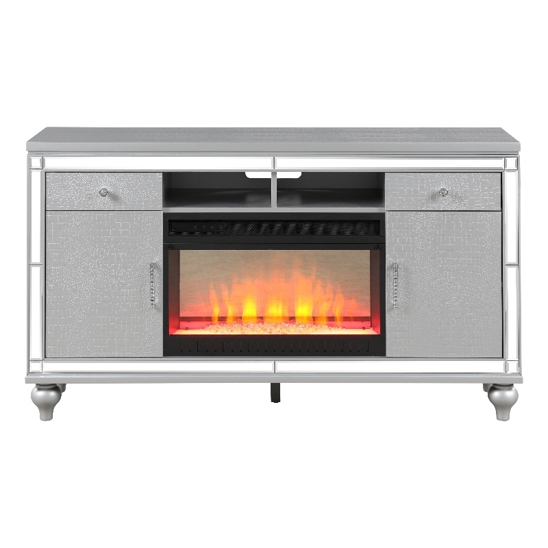 Sterling Solid Wood TV Stand With Electric Fireplace in Silver