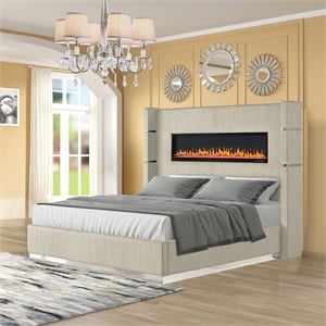 Lizelle Upholstery Wooden Queen Bed with Ambient lighting in Beige Velvet Finish