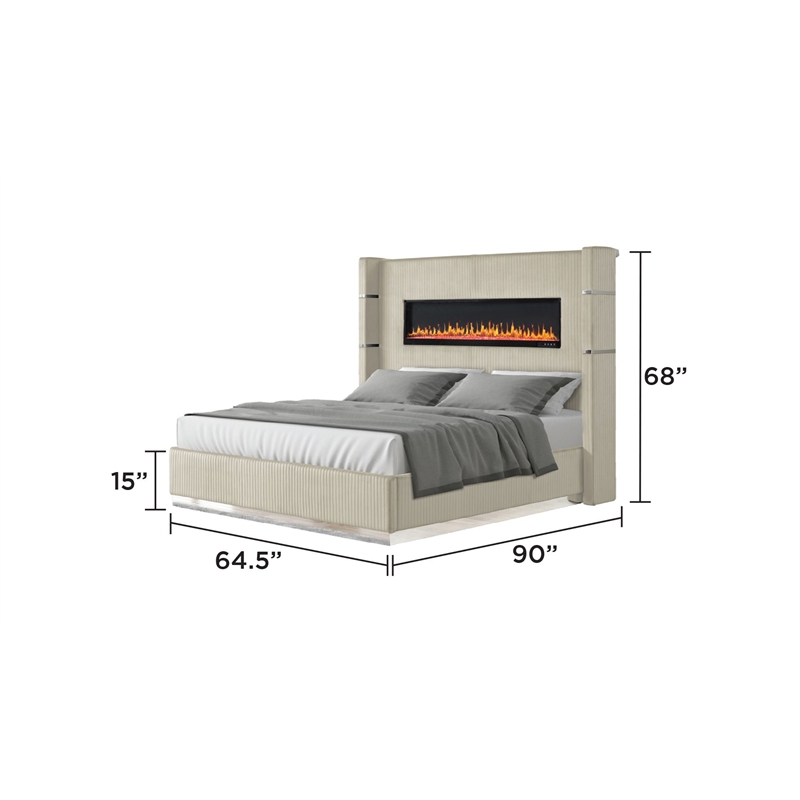 Lizelle Upholstery Wooden Queen Bed with Ambient lighting in Beige Velvet Finish