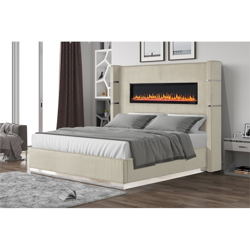 Lizelle Upholstery Wooden Queen Bed with Ambient lighting in Beige Velvet Finish