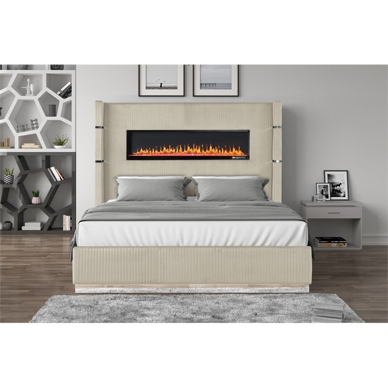 Lizelle Upholstery Wooden Queen Bed with Ambient lighting in Beige Velvet Finish
