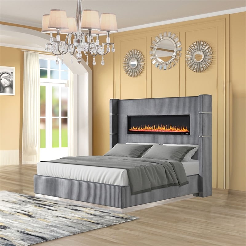 Lizelle Upholstery Wooden Queen Bed with Ambient lighting in Gray Velvet Finish