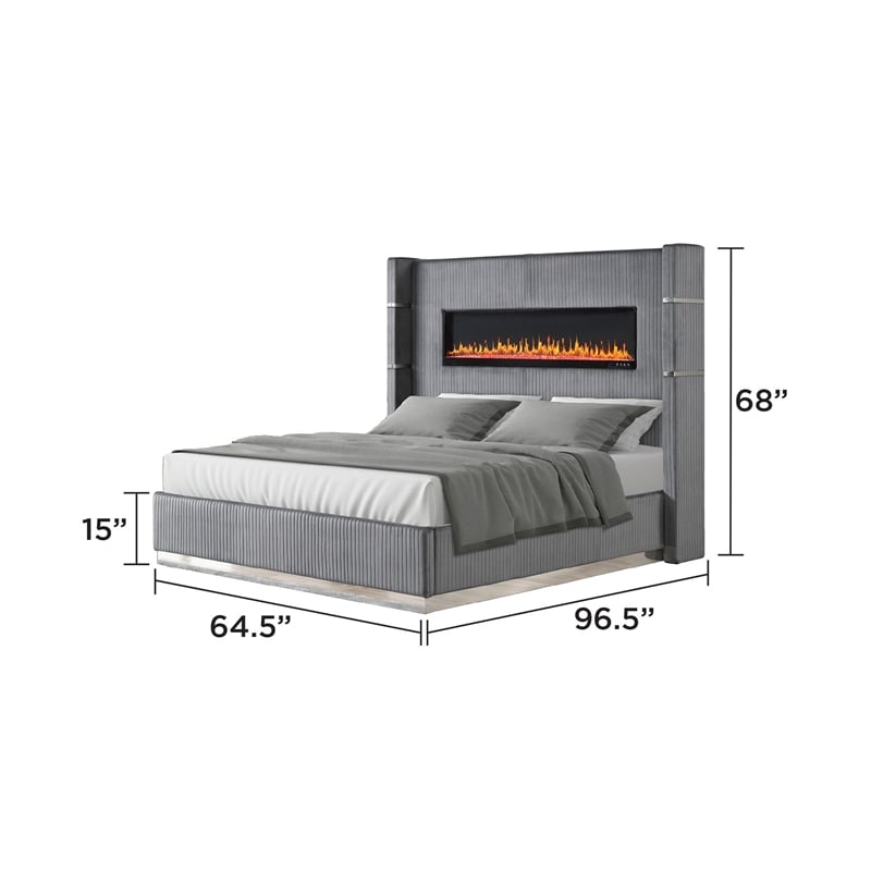 Lizelle Upholstery Wooden Queen Bed with Ambient lighting in Gray Velvet Finish