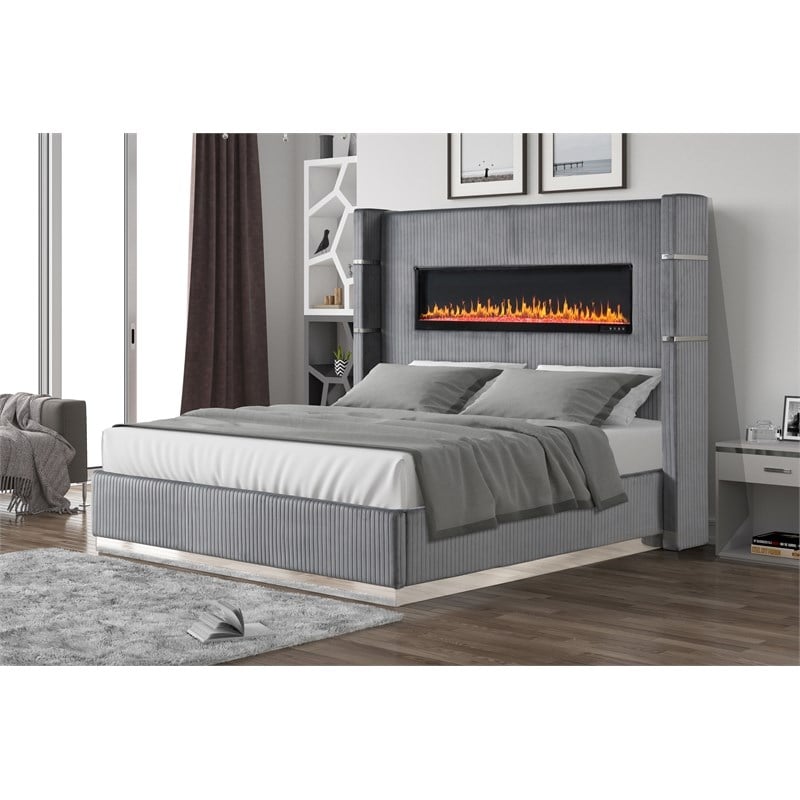 Lizelle Upholstery Wooden Queen Bed with Ambient lighting in Gray Velvet Finish
