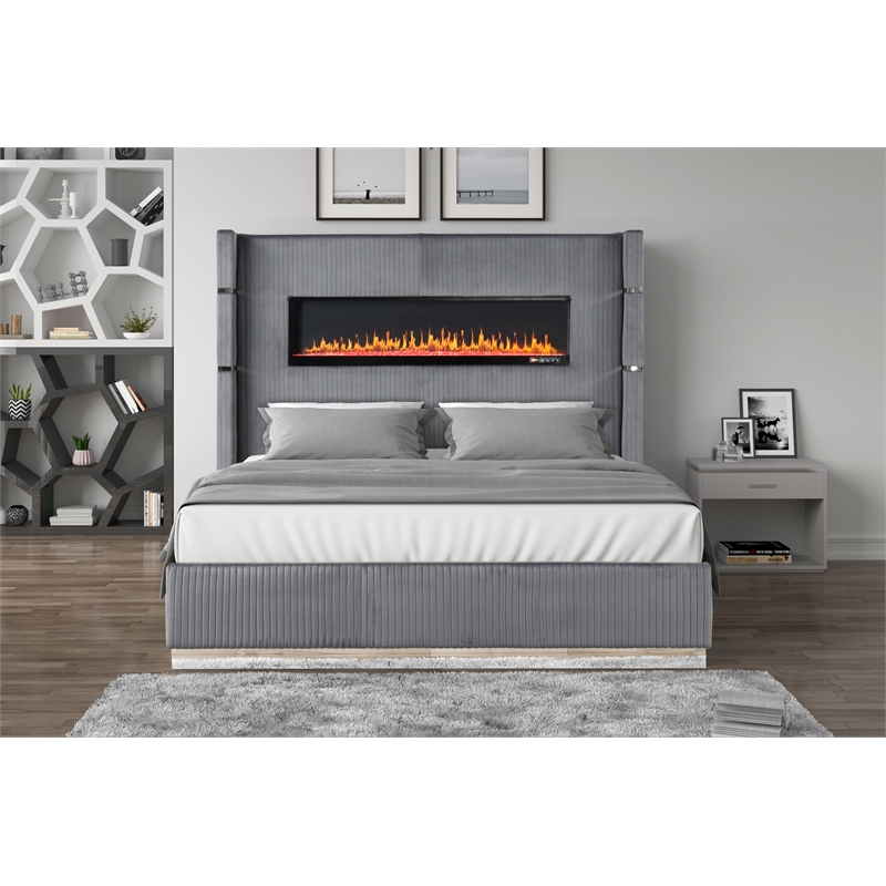 Lizelle Upholstery Wooden King Bed with Ambient lighting in Gray Velvet Finish