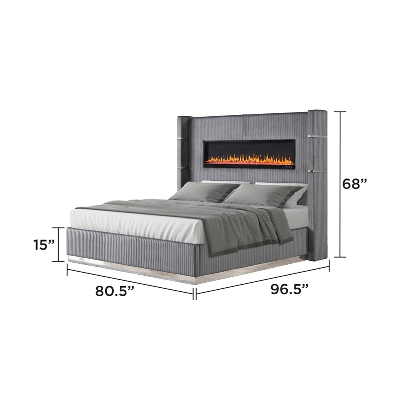 Lizelle Upholstery Wooden King Bed with Ambient lighting in Gray Velvet Finish