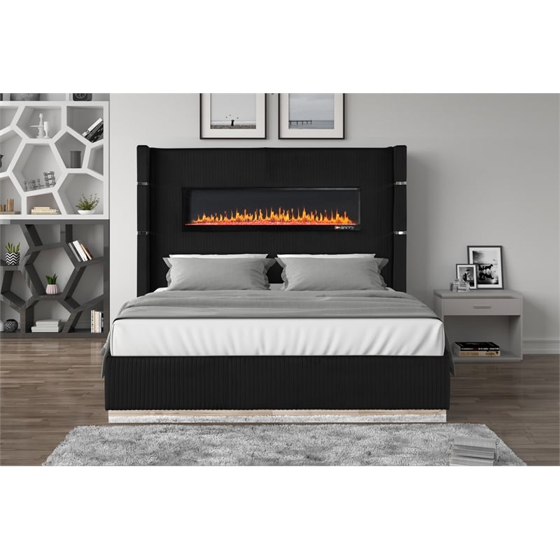 Lizelle Upholstery Wooden Queen Bed with Ambient lighting in Black Velvet Finish