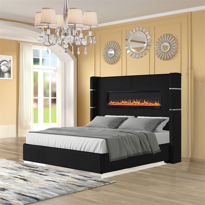 Lizelle Upholstery Wooden Queen Bed with Ambient lighting in Black Velvet Finish
