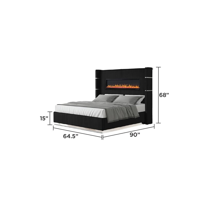 Lizelle Upholstery Wooden Queen Bed with Ambient lighting in Black Velvet Finish