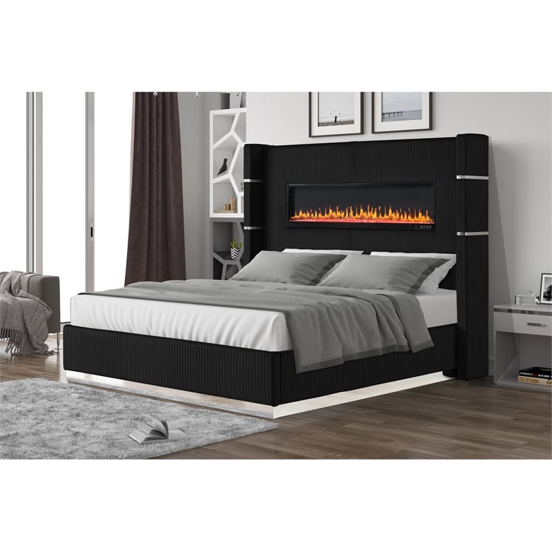 Lizelle Upholstery Wooden Queen Bed with Ambient lighting in Black Velvet Finish