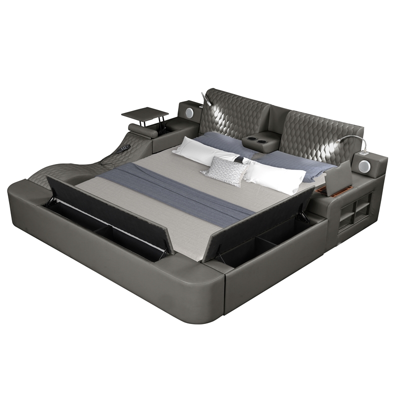 Zoya Smart Multifunctional King Size Bed Made with Wood in Gray