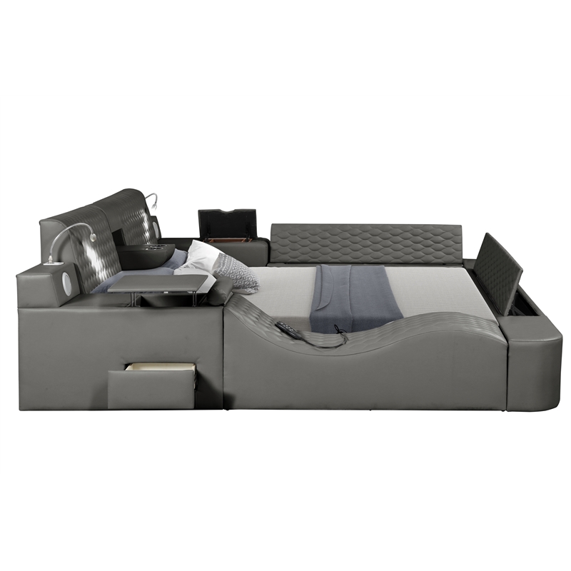 Zoya Smart Multifunctional King Size Bed Made with Wood in Gray