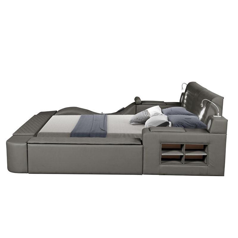 Zoya Smart Multifunctional King Size Bed Made with Wood in Gray