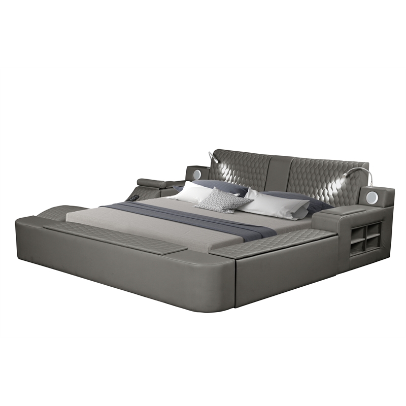 Zoya Smart Multifunctional King Size Bed Made with Wood in Gray