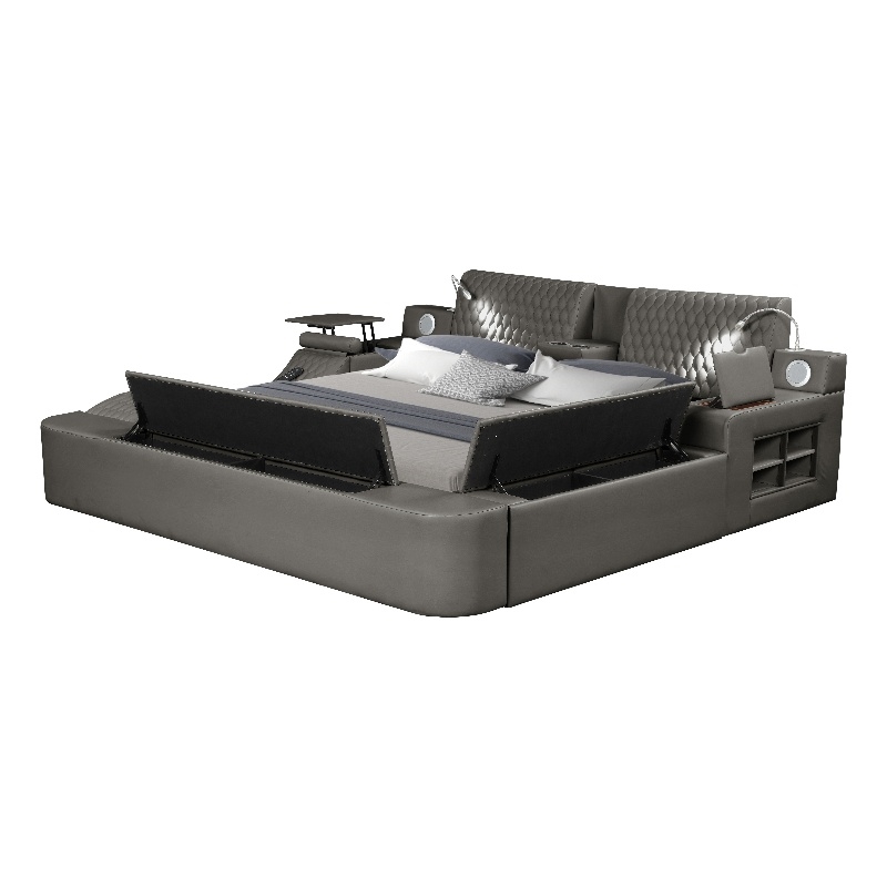 Zoya Smart Multifunctional King Size Bed Made with Wood in Gray