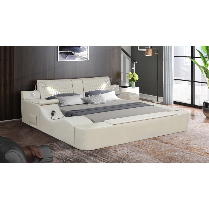 Zoya Smart Multifunctional Wood Queen Bed in Beige