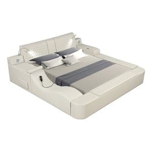Zoya Smart Multifunctional Wood Queen Bed in Beige
