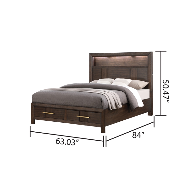 Full Bed Made with Wood and LED Headboard in Walnut Color