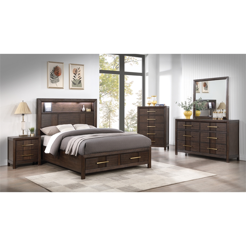 Full Bed Made with Wood and LED Headboard in Walnut Color