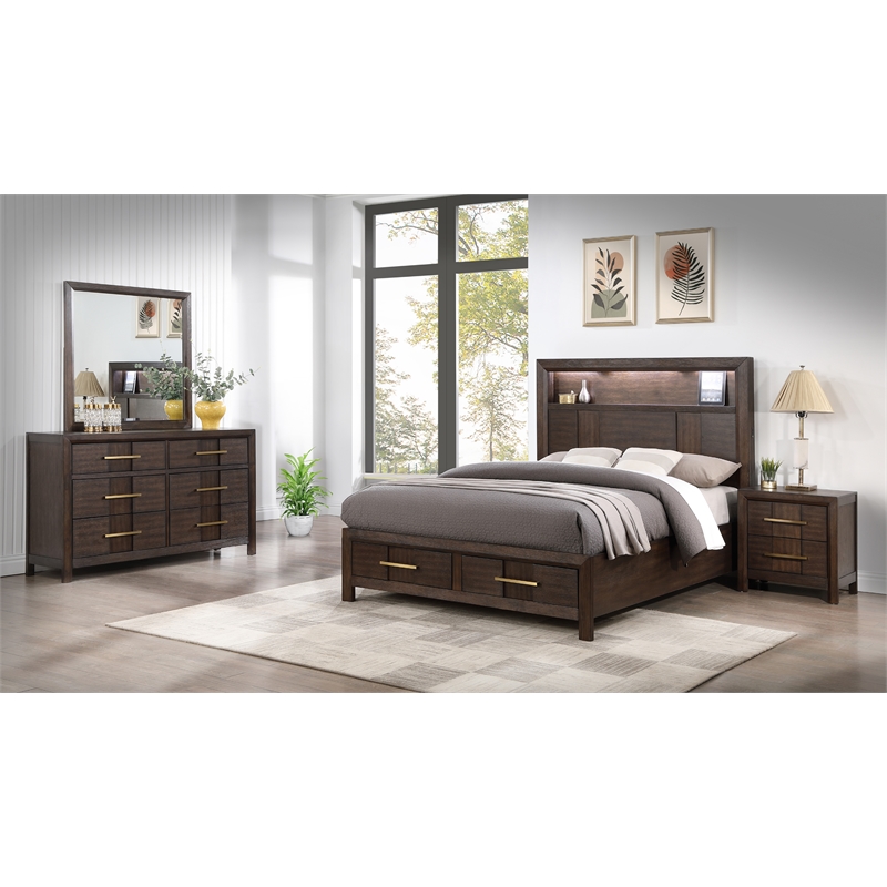 4 PC King Modern Bedroom Set made with Wood in Walnut color