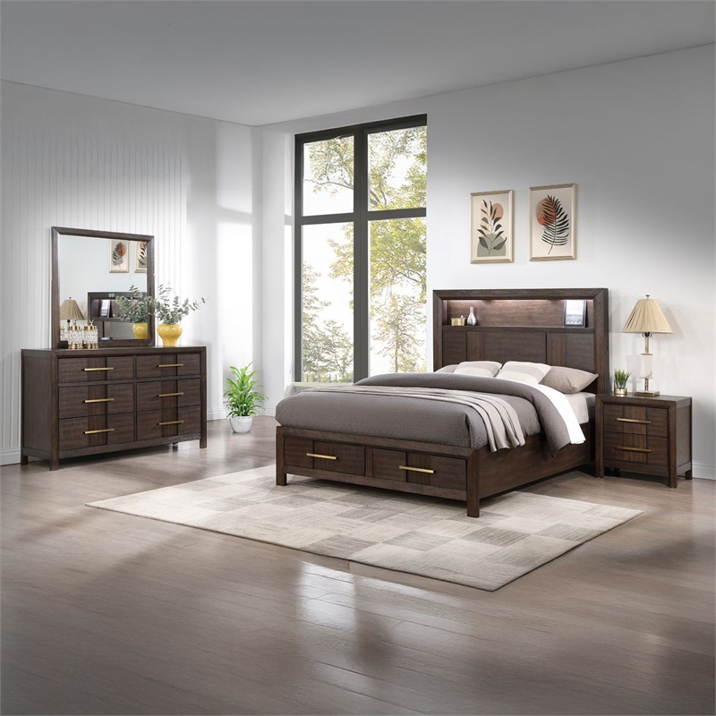 4 PC King Modern Bedroom Set made with Wood in Walnut color