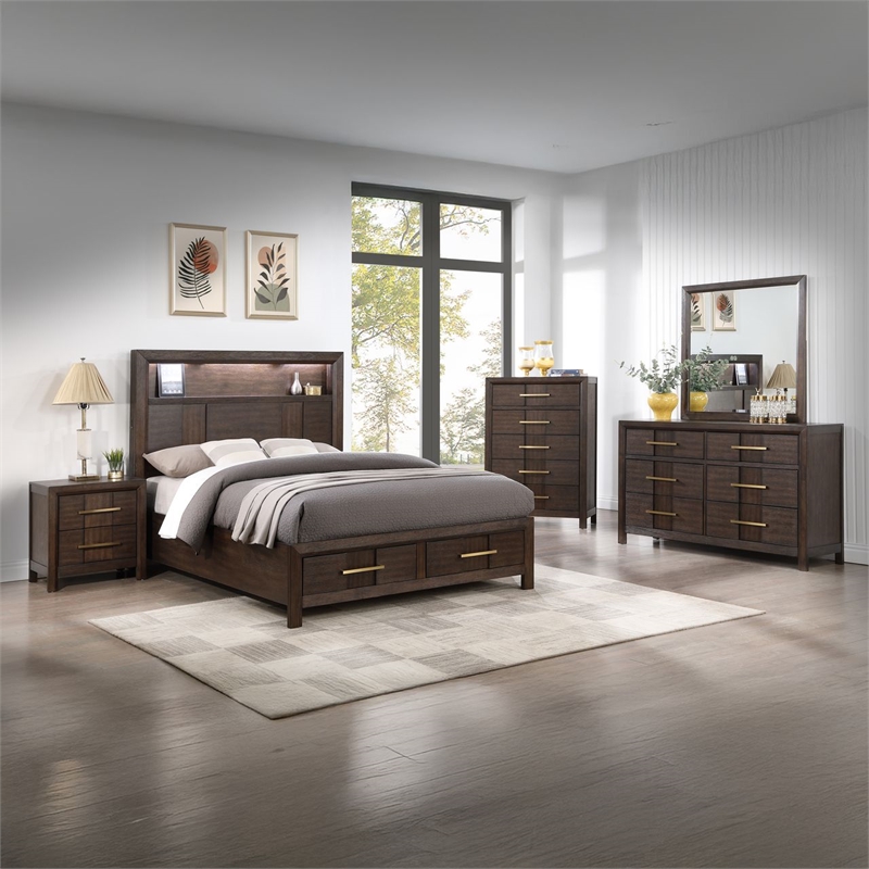 5 PC Full Modern Bedroom Set made with Wood in Walnut color