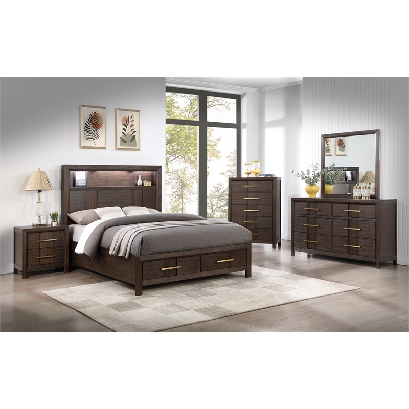 5 PC Full Modern Bedroom Set made with Wood in Walnut color