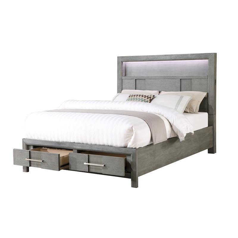 Queen Bed Made with Wood and LED Headboard in Gray Color