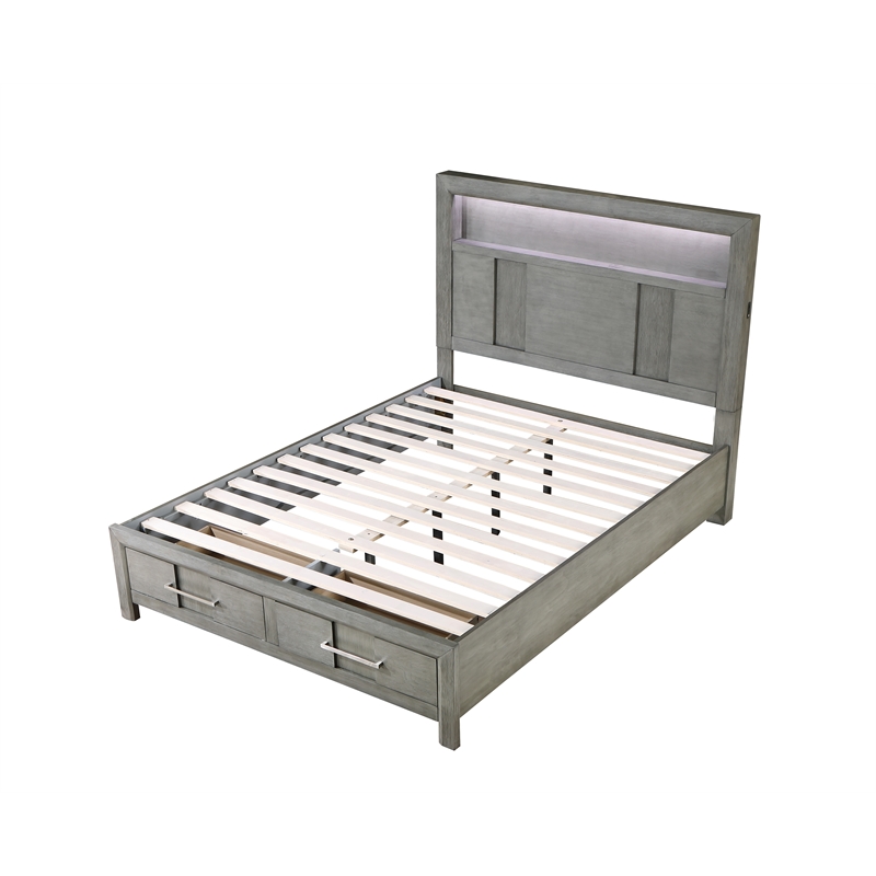 Queen Bed Made with Wood and LED Headboard in Gray Color